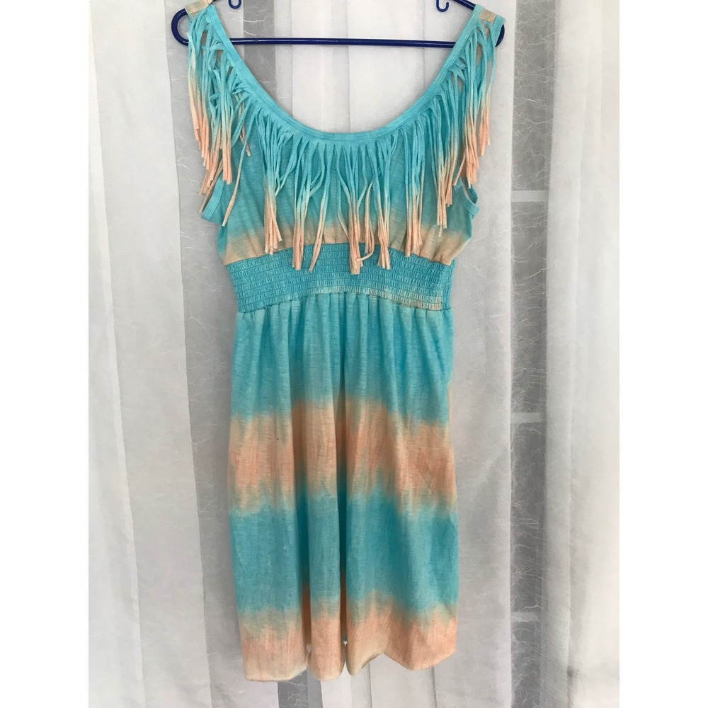 5th & Love Teal Peach Tie Dye Fringe Smocked‎ Waist Boho Mini Dress XL